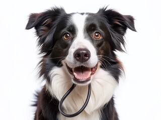 Border Collie Dog Holding Leash in Mouth, Isolated White Background - Stock Photo