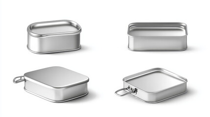 Sardine tin can with pull ring mockup top and angle view. Food metal jar with closed lid, silver colored aluminium rectangle preserves canister isolated on white background, Realistic 3d vector icons