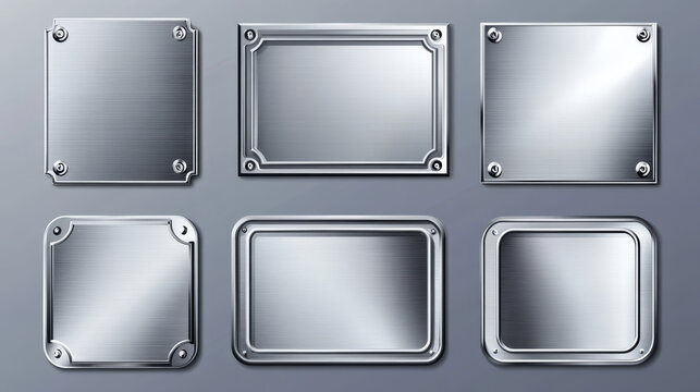 Steel tag plate with borders and screws. Realistic vector set of metal nameplates or boards with empty space for sign. Silver plaque or stainless frame mockup. Blank shape with chrome texture surface.