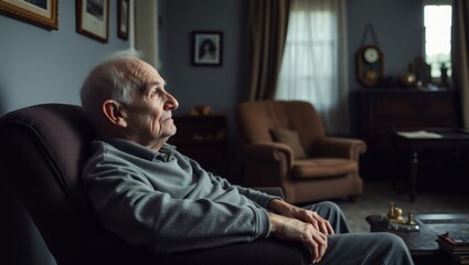 Fototapeta premium an elderly man seated in a cozy living room. He has gray hair and a thoughtful expression, conveying a sense of wisdom and contemplation. He wears a light gray sweater over a collared shirt