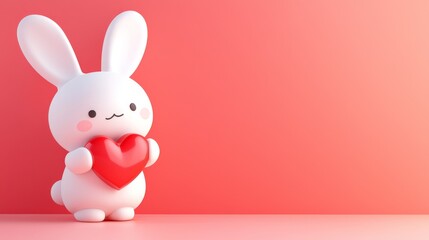 Cute cartoon rabbit holding a red heart against a soft pink background, perfect for Valentine's Day decorations and gift designs