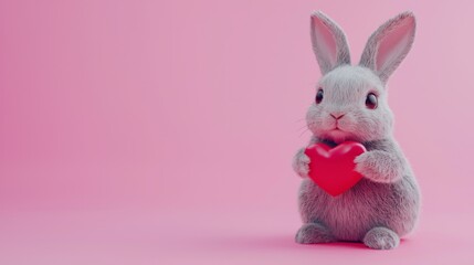 Obraz premium Cute fluffy rabbit holding a red heart on a pink background for Valentine's Day celebrations and pet-themed designs