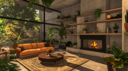 Obraz premium House room interior with furniture. Modern living room with sova, tv, table with books, fireplace with fire, floor lamp, shelves and plants, vector cartoon illustration