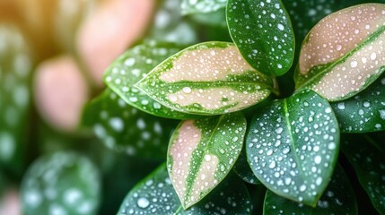 Close-up of vibrant green and pink leaves with water droplets, showcasing intricate leaf veins and textures.