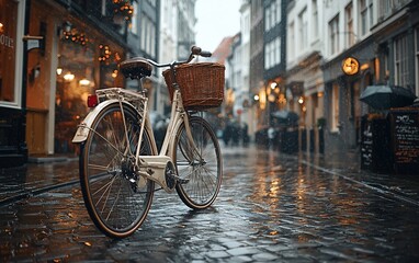 Obraz premium Cream bicycle parked on cobblestone street in rain.