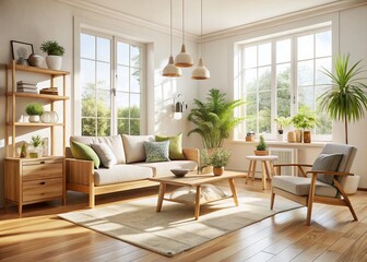 Fototapeta premium Bright Scandinavian Living Room: Minimalist White Walls, Light Wood Furniture, Cozy Interior Design