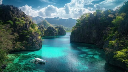 Serene Lagoon With A Single Boat In The Philippines