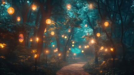 Obraz premium Magical Forest Pathway Illuminated by Enchanting Lanterns and Ethereal Glow