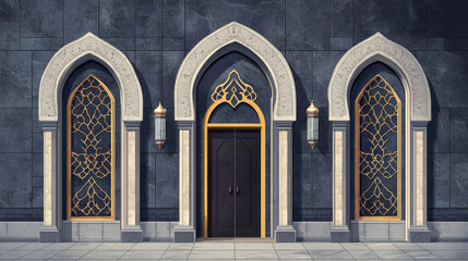 Obraz premium Windows and doors arches on arab building facade. Vector realistic illustration of mosque, islamic and oriental architecture with traditional arabic doorway and window frames in black wall