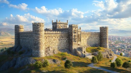Majestic medieval castle on hilltop, overlooking city.
