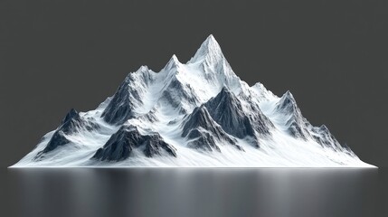 Isolated snow-capped mountain peak reflected in calm water against a grey background.