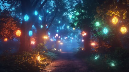Fototapeta premium Magical Forest Pathway Illuminated by Enchanting Lanterns and Ethereal Glow