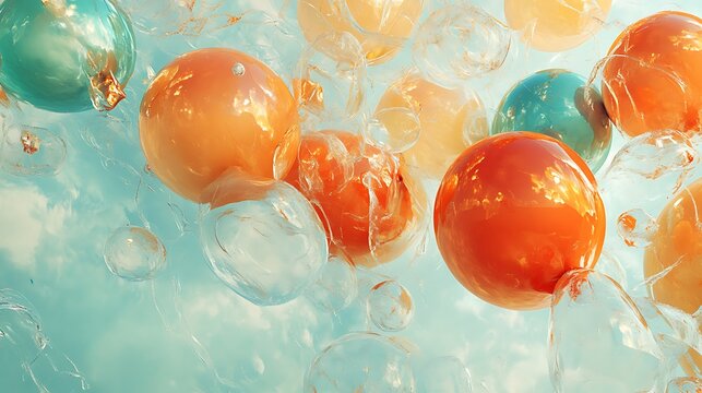 A soft glowing collection of coral orange and turquoise balloons drifting upward in abstract harmony