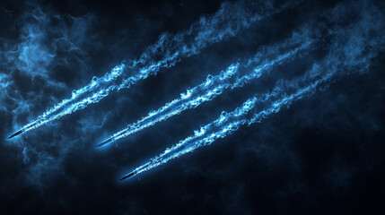 Realistic airplane condensation trails set on black background. Vector illustration of neon blue smoke lines left by aircraft, missile launch contrail, rocket flight, space mission, speed effect