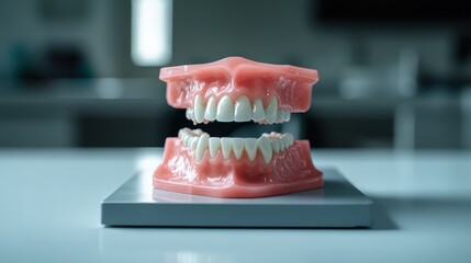 A dentist explaining dental care techniques using a model of human teeth