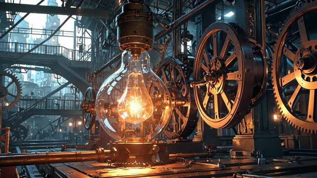 Video footage of glowing lightbulb is prominently displayed in an industrial setting with large gears and machinery, evoking a steampunk aesthetic