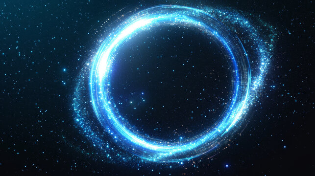 Blue planet ring neon light effect with circle line sparkle. Digital energy twirl with magic flare expansion. Space curve orbit vector illustration. Abstract galaxy element circular disk shape frame