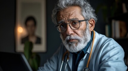 Fototapeta premium A senior doctor conducting a virtual consultation with a patient on a laptop