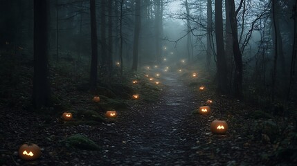 Dark forest trail lined with glowing pumpkins and eerie mist