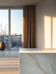 Fototapeta premium Modern interior with natural light highlighting minimalist design elements at sunset