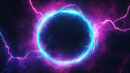 Obraz premium Round lightning frames set isolated on black background. Vector realistic illustration of circular thunder bolt borders glowing in neon colors, electric energy discharge effect, magic power strike