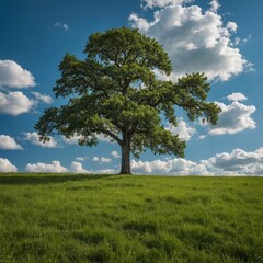 Obraz premium A solitary tree in a lush green meadow under a clear blue sky with soft, fluffy white clouds.