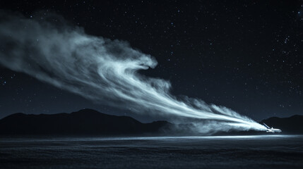 Fototapeta premium Plane speed trail smoke in night starry sky vector background. White jet contrail 3d effect. Realistic airplane flight fog vapour texture. Swirl stream shape from spaceship aviation illustration