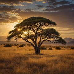 Obraz premium A single acacia tree in a wide savanna, with the golden glow of the setting sun and distant mountains in the background. 