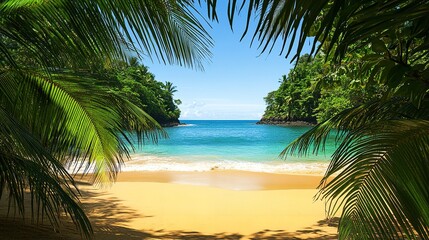 Obraz premium A tropical beach with golden sand, turquoise water, and swaying palm fronds under a sunny sky