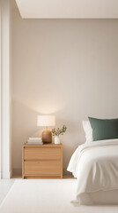 Cozy bedroom featuring a wooden nightstand with a lamp and decorative accessories