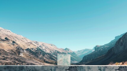 Obraz premium A serene mountain landscape with a clear blue sky, with a mockup at the center of the wall. full ultra hd, high resolution