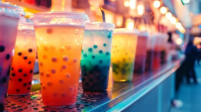A vibrant selection of bubble tea cups featuring colorful flavors and tapioca pearls, displayed on a market counter under warm evening lights. This lively scene highlights the popular and refreshing