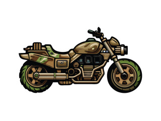 Design a sleek, futuristic military motorcycle with a powerful, high-tech aesthetic. Include details like advanced weaponry, armored plating, and glowing holographic displays.