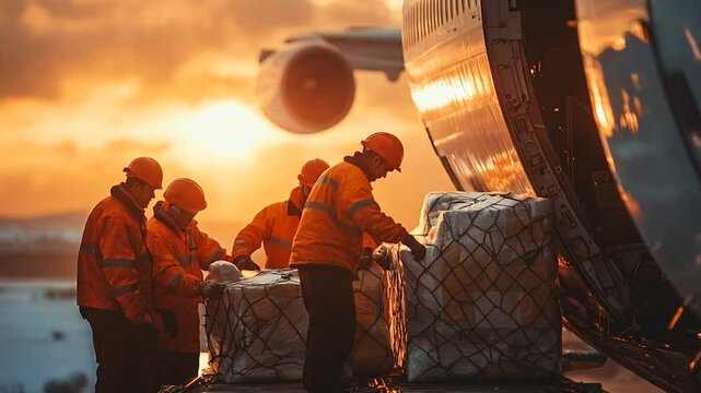Workers loading and securing cargo for air freight, showcasing precision and teamwork in a professional logistics environment. The scene, illuminated by warm indoor and sunset lighting, emphasizes 