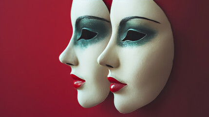 Sad male and female characters hiding faces behind of smiling masks expressing fake positive emotions. Men and women disguising real feelings, bipolar disease, Line art flat vector illustration