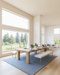 Modern dining area with large windows and minimalist design overlooking a serene landscape