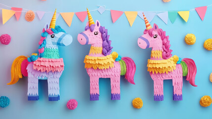 Mexican pinata game icon for birthday party vector. Mexico carnival candy game for holiday. Isolated icecream and unicorn traditional paper gift set. Festival handcraft toys with sweets collection