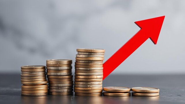Red arrow descending over pile of coins, symbolizing financial decline and loss, arrow, decline