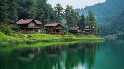 Fototapeta premium Wooden Cabins by a Tranquil Lake in the Forest