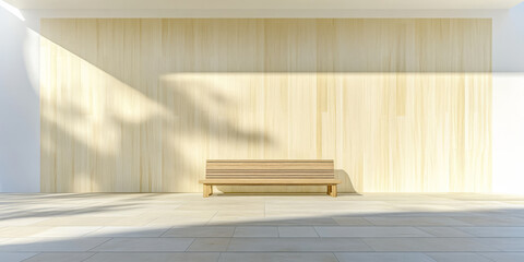 Wooden bench against a minimalist wooden wall in bright sunlight