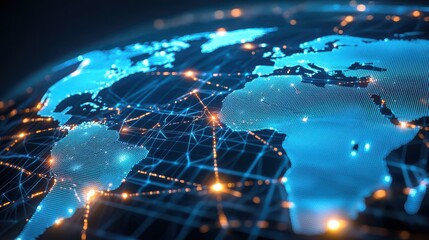 A digital representation of a connected world, showcasing a network of lights and lines across the globe, emphasizing technology and global connectivity.
