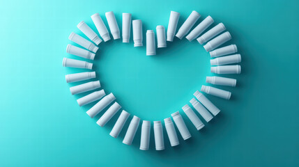 Creative arrangement of white toothpaste tubes forming heart shape on turquoise background, symbolizing care and hygiene