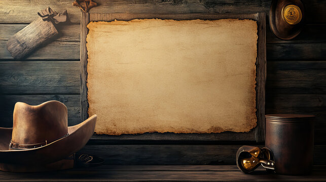 Old western wanted paper poster for reward vector template. Criminal cowboy frame for saloon from sheriff. Grunge distressed parchment with blank photo for bounty notice and search gangster mockup