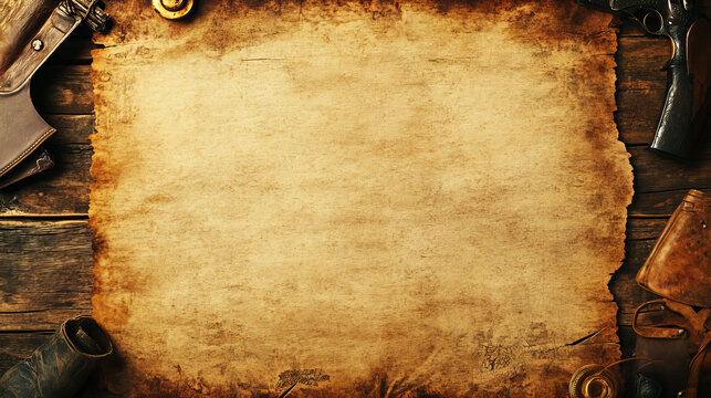 Old western wanted paper poster for reward vector template. Criminal cowboy frame for saloon from sheriff. Grunge distressed parchment with blank photo for bounty notice and search gangster mockup