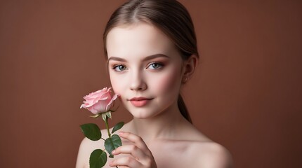 Fototapeta premium Portrait of a Beautiful Girl with a Delicate Pink Rose: A Captivating Studio Shot