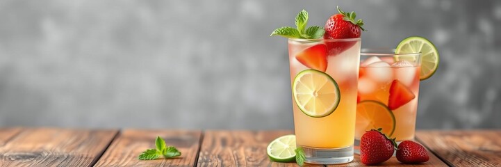 Refreshing beverage glasses with strawberry, lime, and mint on light wooden table against grey background with copy space, strawberry, design