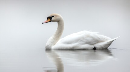Elegant white swan gracefully swimming on calm water, reflected, misty background.