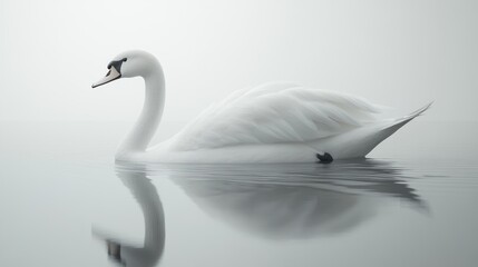 Fototapeta premium Elegant white swan gracefully gliding on calm, misty water, its reflection mirroring serenity.
