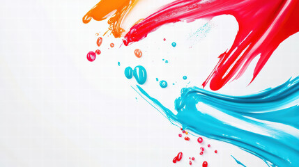Colorful paint splashes create vibrant and dynamic composition on white background, evoking creativity and energy. bright hues of red, orange, and blue blend beautifully