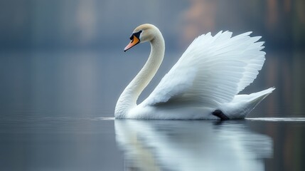 Fototapeta premium Majestic swan gracefully gliding on serene water, wings partially spread, reflecting in calm surface.